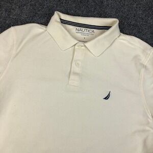 Nautica Performance Deck Polo Shirt Cream Classic Fit Men Large Sustainably Made